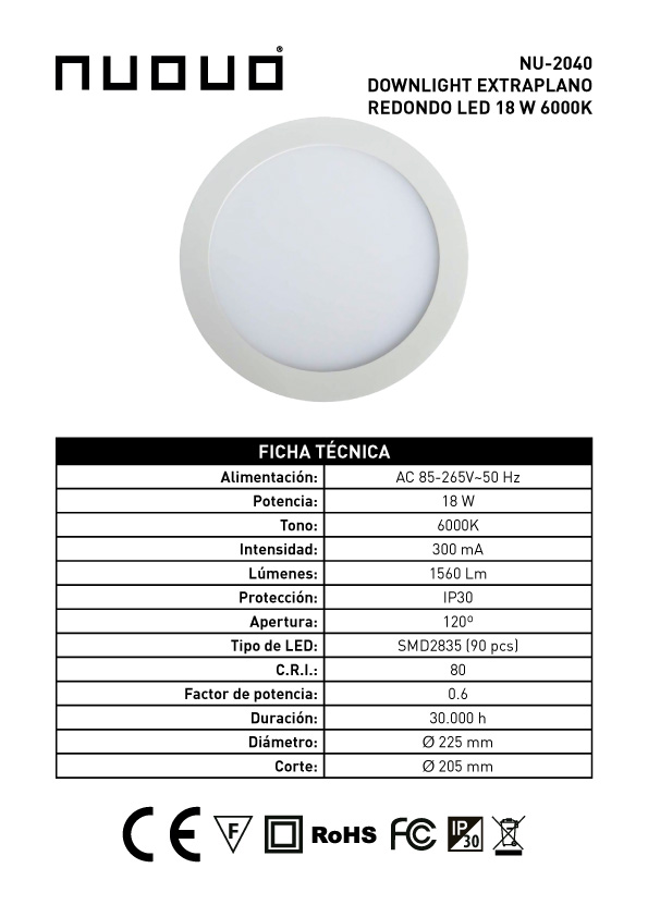 FICHA DOWNLIGHT 18W 6000K EMPOTRAR NU-2040